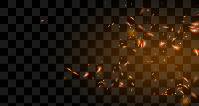 Flame of fire with sparks on a black background. The texture of the fiery storm. The fiery sparks of lights flash, a shot of a flying spark in the air. a dark night