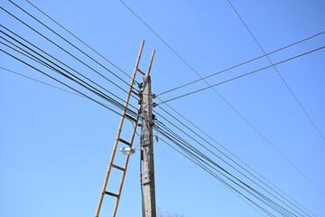 Fototapeta premium Utility pole electric wire wooden ladder blue sky power line cable network construction tool outdoor structure maintenance work minimal scene utility pole and electric wire with wooden ladder