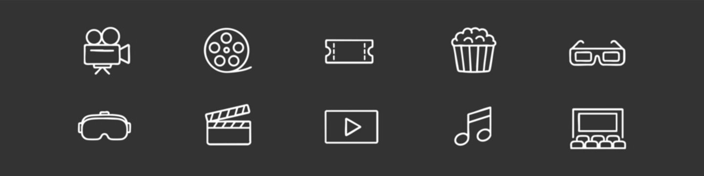 Set of minimalist white line cinema icons on a dark background, including camera, film reel, popcorn, ticket, 3D glasses, and clapperboard.
