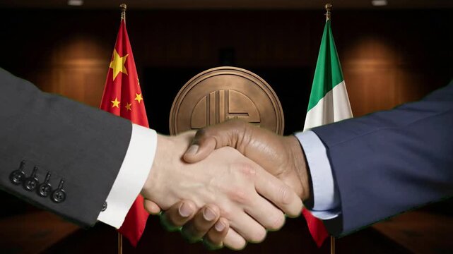 Diplomatic handshake symbolizes a major economic trade agreement between China and Italy over a central digital currency concept.
