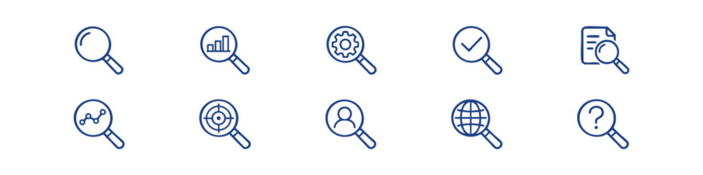 Linear search and analysis icon set featuring magnifying glasses with charts, gears, targets, and global symbols in blue and black outline styles.