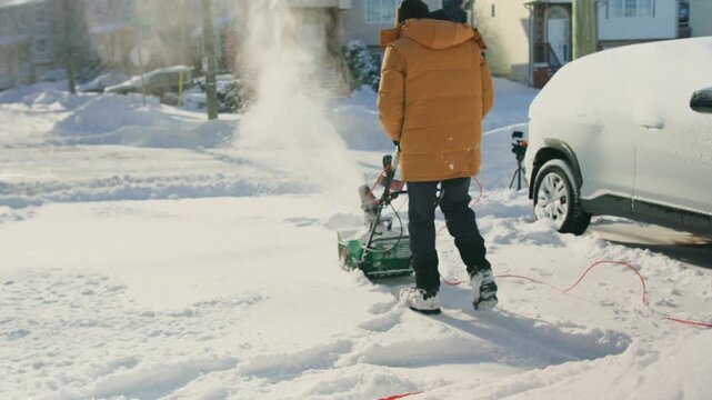 Close-up winter scene: middle-aged man operates wheeled snow blower to clear deep snow in his backyard. Snow flies in all directions, creating dynamic path under gray sky, realistic 4K footage.