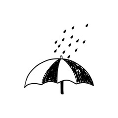 Hand-drawn umbrella sketch with raindrops for protection and weather