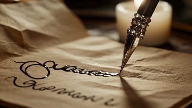Vintage Quill Pen Writing on Old Paper with Candlelight