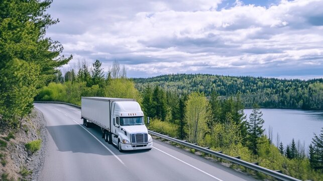 Big white semi truck drives along winding road by lake with green trees in background
