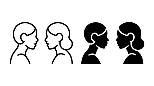 A clean outline and solid icon depicting two women in profile, looking directly towards each other in communication or interaction.