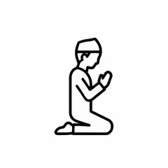 Outline of a Muslim man in traditional attire praying with hands clasped in supplication on a white background representing faith and devotion