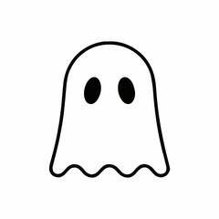Simple Outline Of A Friendly Ghost Character On A White Background With Wavy Bottom And Black Oval Eyes