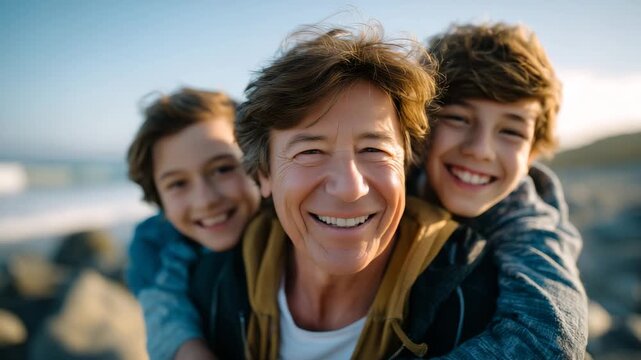 138Close-up of smiling grandfather piggybacking his grandson on the beach, soft sunlight and shallow depth of field, emotional connection and generational love captured