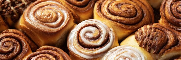 Fototapeta premium Assorted cinnamon rolls with icing and nuts in close-up view