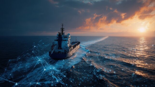 Autonomous cargo vessel navigating digital ocean network smart shipping logistics global trade connectivity maritime technology innovation cyber security risk efficiency optimization close up futurist