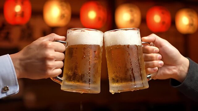 Two people are holding up their beer mugs, toasting to each other. The atmosphere is light and friendly, with the two people enjoying each other's company