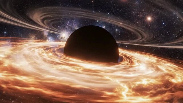Majestic black hole surrounded by vibrant orange accretion disk in deep space