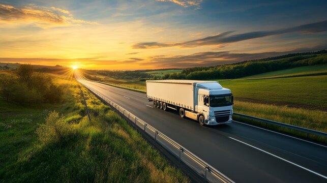 Delivery cargo trucks driving on highway during sunset in country field for logistics and freight transportation