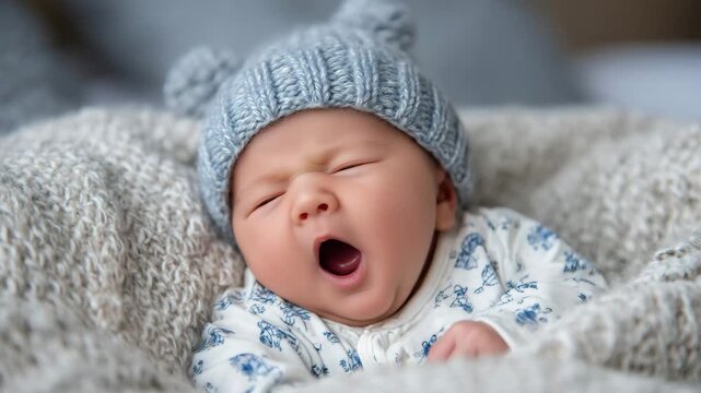 228Newborn baby gently yawning on a textured cozy blanket, wearing a cute knitted hat and matching sleepsuit, shallow depth of field, cinematic soft focus, tender newborn moment