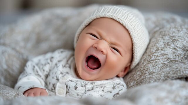 229Newborn baby gently yawning on a textured cozy blanket, wearing a cute knitted hat and matching sleepsuit, shallow depth of field, cinematic soft focus, tender newborn moment