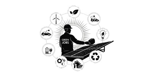 Renewable Energy Technician Installing Solar Panels Silhouette