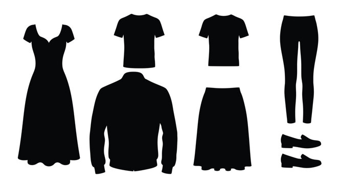 Black clothing items displayed as flat minimalist silhouettes