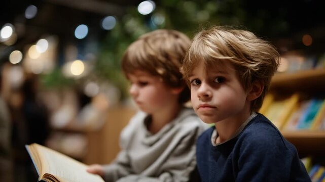 267Close-up from side angle of two kids in bookstore, one child holding an open book while the other listens, shelves of colorful books behind, warm and cozy educational atmosphere