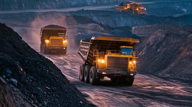 Heavy-duty trucks transport coal through mining site at dusk showing rugged terrain and machinery in action