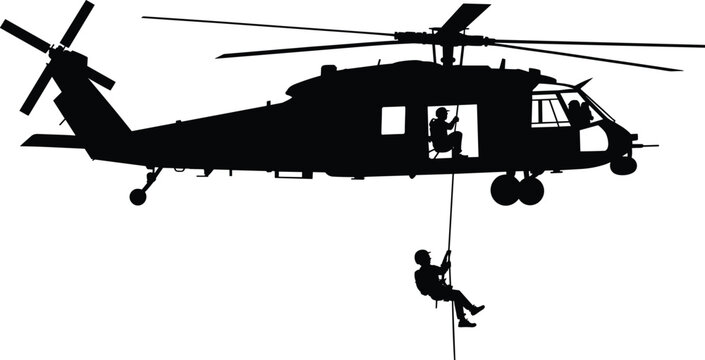 Military helicopter silhouette, tactical rescue operation, rappelling soldier, pilot cockpit view, black vector illustration, emergency mission, defense concept, aviation graphic