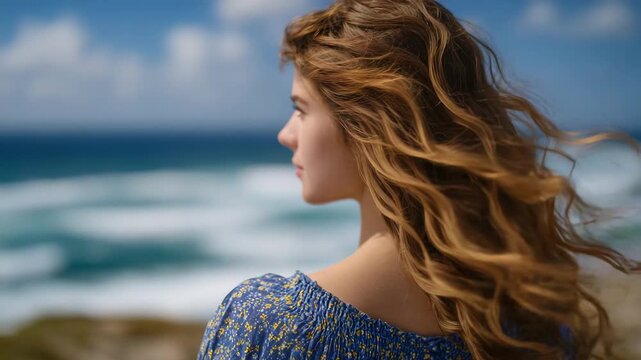 Cinematic back view of young woman standing alone on wide sandy beach, long hair flowing in strong sea breeze, expansive sky and ocean, serene and liberating summer escape