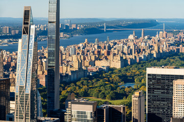New York City skyline, elevated view of supertall skyscrapers along Billionaires Row in Midtown Manhattan, with Central Park, the Upper West Side and Hudson River