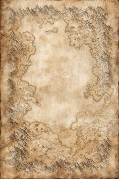 Vintage fantasy map parchment with decorative borders and aged texture, adventure concept for exploration, storytelling and antique design