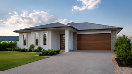 A modern single story suburban home with a neatly manicured lawn paved driveway and clear blue sky
