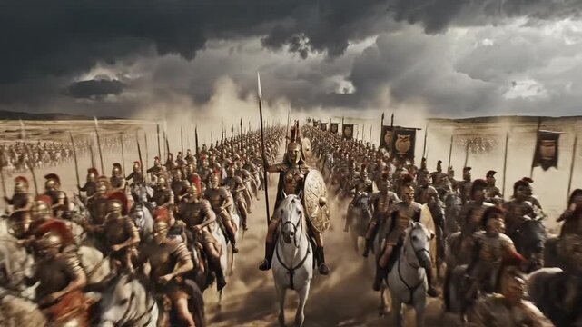 Epic Ancient Army Marching to War with Commander on Horseback.