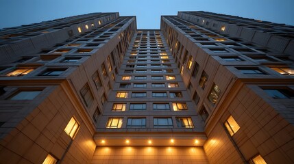 Fototapeta premium Modern high rise building facade with illuminated glows at dusk against a twilight sky