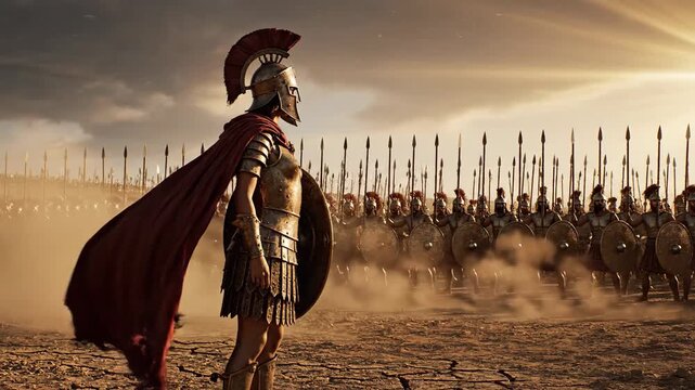 Epic Spartan Warrior Stands Before Army in Battlefield Ready for Battle.