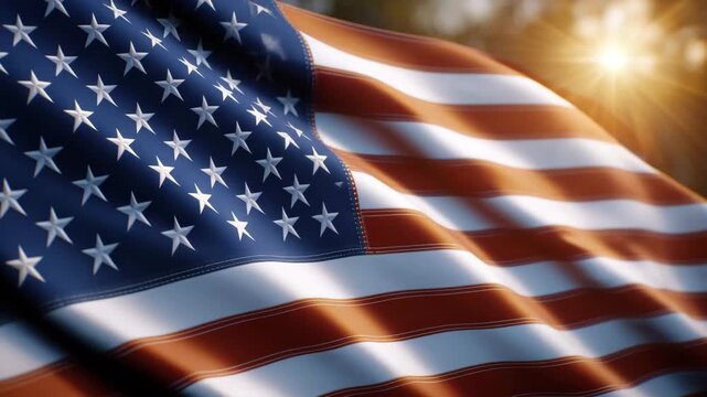 Ultra-detailed close-up of a waving American flag with visible thread patterns and embroidered stars, intense golden sunlight flare creating halo effects along the edges of the fab