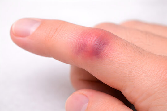 Photorealistic 3D medical-grade close-up of a sprained finger: mild swelling around the PIP joint, subtle bruising and redness, natural skin pores and fine hairs, realistic hand pose
