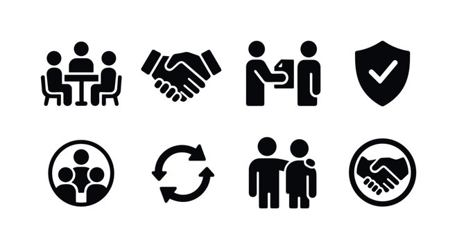 Business, teamwork solid icon set. Professional, collaboration symbols collection