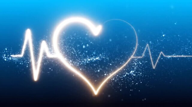 Glowing heart-shaped pulse line with sparkling particles on a dark blue background, symbolizing love and medical concepts