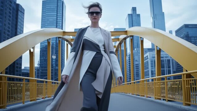 Fashionable Woman Walks Confidently on Yellow Bridge With City Skyline Background