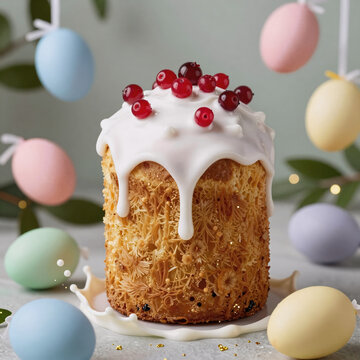 expressionist, traditional russian easter pascha celebration pastry: kulich with red berries, white icing, surrounded by floating dyed eggs and cream splash. gold flecks on green background