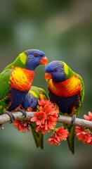 Naklejka premium Rainbow Lorikeets Perched on Branch with Flowers.