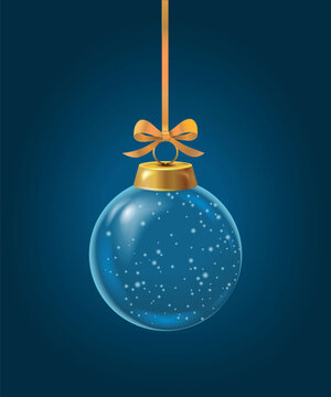 Vector illustration of hanging glass christmas ornament with snowflakes inside, gold bow, on transparent background.
