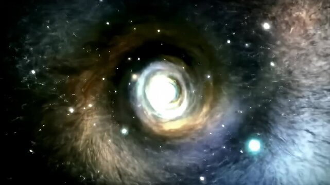 A swirling vortex of light and dark nebulous forms in space, dotted with stars