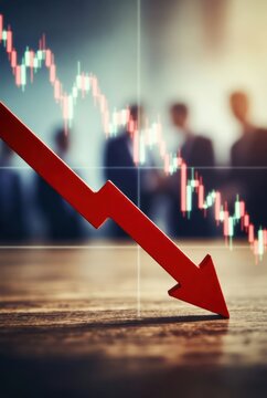 Red arrow pointing downward on wooden surface with stock market graphs in background. Business downturn and financial loss concept.