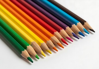 Fototapeta premium A spectrum of sharp colored pencils arranged in a row to highlight variety, precision, and the joy of creating.