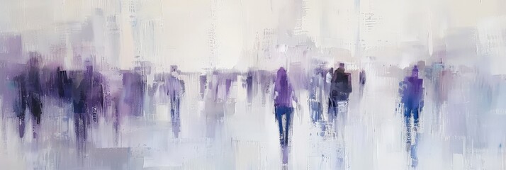 People walk on a street in a busy city during the day with soft colors and blurred details capturing the movement of the crowd, wall art poster in style of painting