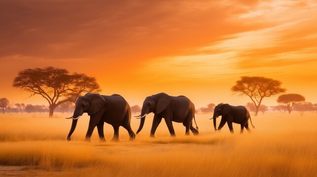 Three elephants walk across tall grass during sunset in a savanna landscape with trees in the background