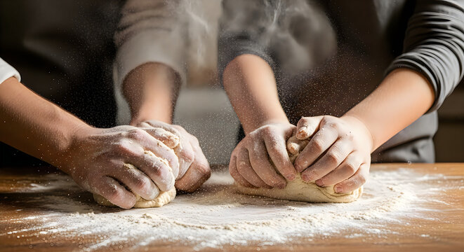 Adult and child hands kneading fresh bread dough on a wooden kitchen table with flour dust particles in the air