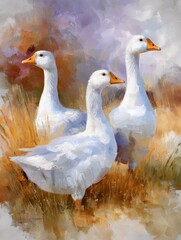 Geese gather in a field during late afternoon near a pond with soft colors in the background, wall art poster in style of painting