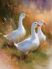 Three geese walk on grass in a field during a sunny day with soft light shining on their feathers and surrounding nature, wall art poster in style of painting