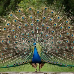 Obraz premium Peacock Displaying Vibrant Plumage in Natural Setting.