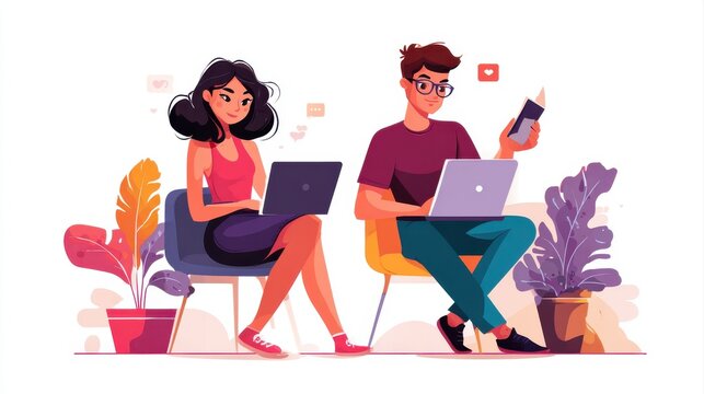 social media online content, freelance worker, working online, content creator, woman using laptop, man reading blog online on computer